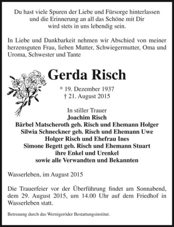 Traueranzeige von Gerda Risch  von Magdeburger Volksstimme