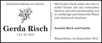 Traueranzeige von Gerda Risch  von Magdeburger Volksstimme