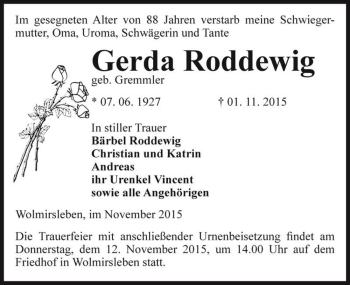 Traueranzeige von Gerda Roddewig (geb. Gremmler)  von Magdeburger Volksstimme