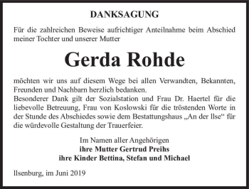 Traueranzeige von Gerda Rohde  von Magdeburger Volksstimme