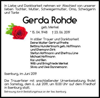 Traueranzeige von Gerda Rohde (geb. Merkel)  von Magdeburger Volksstimme