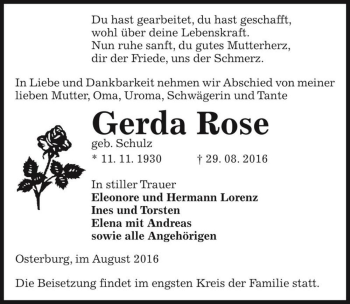 Traueranzeige von Gerda Rose (geb. Schulz)  von Magdeburger Volksstimme