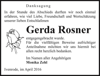 Traueranzeige von Gerda Rosner  von Magdeburger Volksstimme