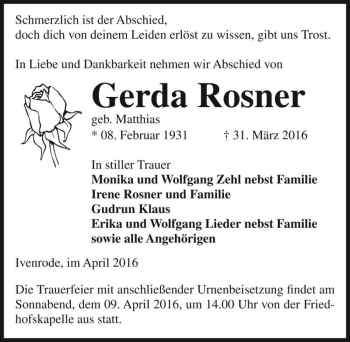Traueranzeige von Gerda Rosner (geb. Matthias)  von Magdeburger Volksstimme