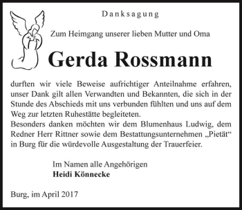 Traueranzeige von Gerda Rossmann  von Magdeburger Volksstimme