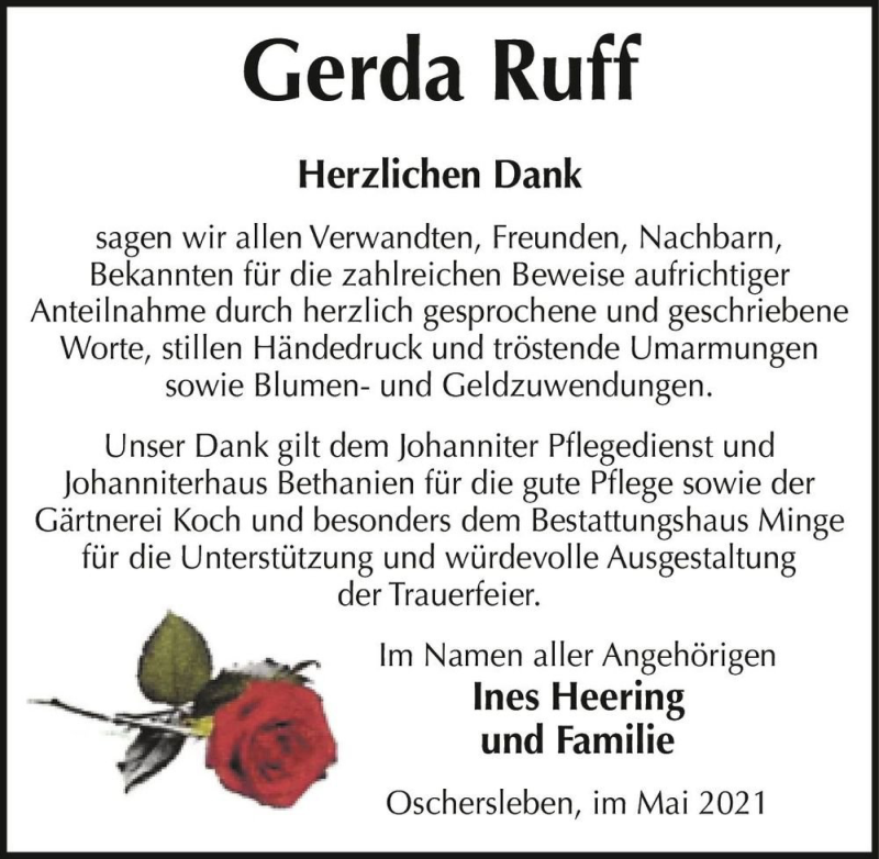  Traueranzeige für Gerda Ruff  vom 22.05.2021 aus Magdeburger Volksstimme