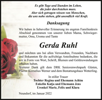 Traueranzeige von Gerda Ruhl  von Magdeburger Volksstimme