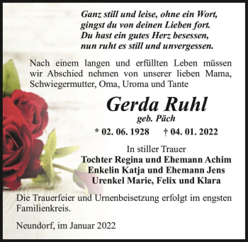 Traueranzeige von Gerda Ruhl (geb. Päch)  von Magdeburger Volksstimme