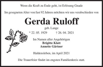Traueranzeige von Gerda Ruloff (geb. Lange)  von Magdeburger Volksstimme