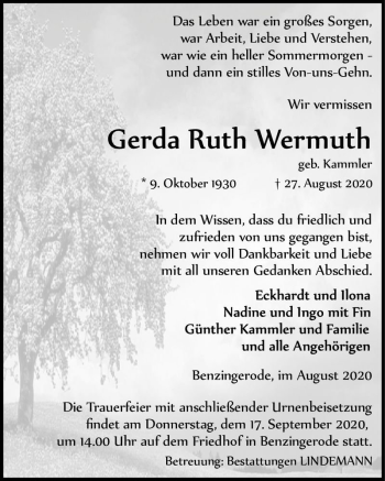 Traueranzeige von Gerda Ruth Wermuth (geb. Kammler)  von Magdeburger Volksstimme