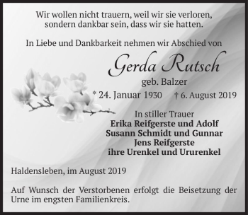 Traueranzeige von Gerda Rutsch (geb. Balzer)  von Magdeburger Volksstimme