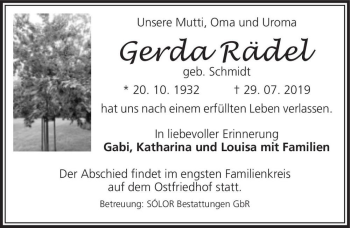 Traueranzeige von Gerda Rädel (geb. Schmidt)  von Magdeburger Volksstimme