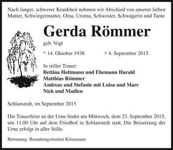Traueranzeige von Gerda Römmer (geb. Vogt)  von Magdeburger Volksstimme