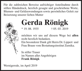 Traueranzeige von Gerda Rönigk  von Magdeburger Volksstimme