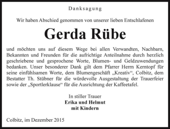 Traueranzeige von Gerda Rübe  von Magdeburger Volksstimme