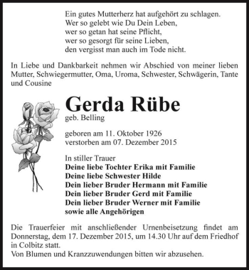 Traueranzeige von Gerda Rübe (geb. Belling)  von Magdeburger Volksstimme
