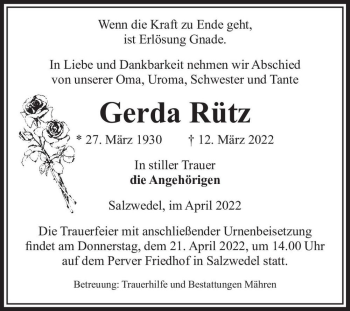 Traueranzeige von Gerda Rütz  von Magdeburger Volksstimme