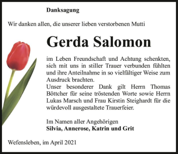 Traueranzeige von Gerda Salomon  von Magdeburger Volksstimme
