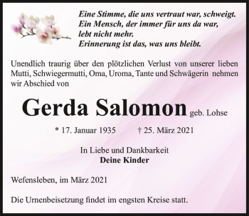 Traueranzeige von Gerda Salomon (geb. Lohse)  von Magdeburger Volksstimme