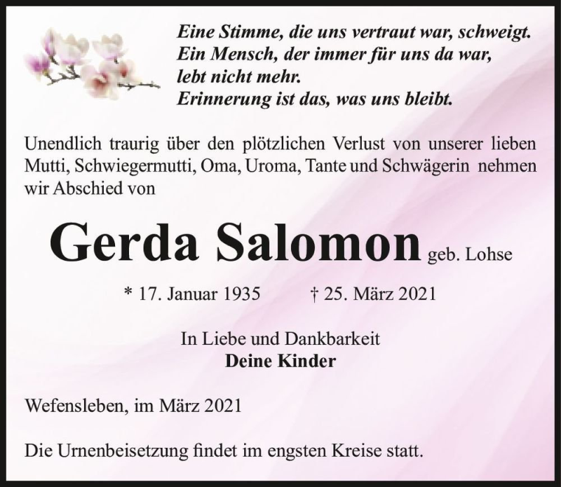  Traueranzeige für Gerda Salomon (geb. Lohse)  vom 27.03.2021 aus Magdeburger Volksstimme