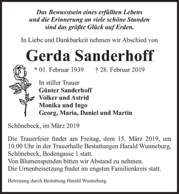 Traueranzeige von Gerda Sanderhoff  von Magdeburger Volksstimme