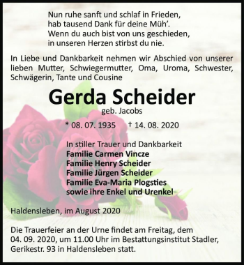 Traueranzeige von Gerda Scheider (geb. Jacobs)  von Magdeburger Volksstimme