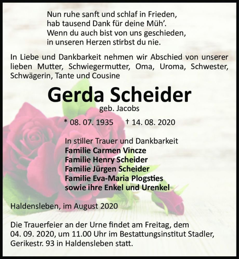  Traueranzeige für Gerda Scheider (geb. Jacobs)  vom 22.08.2020 aus Magdeburger Volksstimme