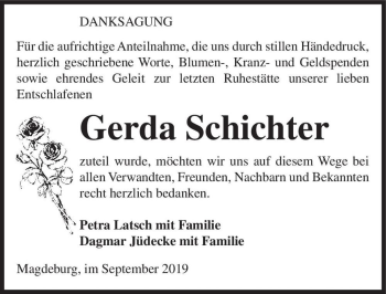 Traueranzeige von Gerda Schichter  von Magdeburger Volksstimme