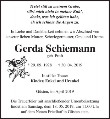 Traueranzeige von Gerda Schiemann (geb. Proft)  von Magdeburger Volksstimme