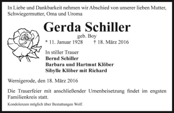 Traueranzeige von Gerda Schiller (geb. Boy)  von Magdeburger Volksstimme