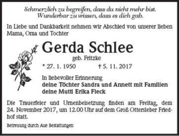 Traueranzeige von Gerda Schlee (geb. Fritzke)  von Magdeburger Volksstimme