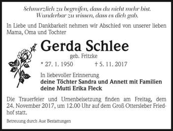 Traueranzeige von Gerda Schlee (geb. Fritzke)  von Magdeburger Volksstimme