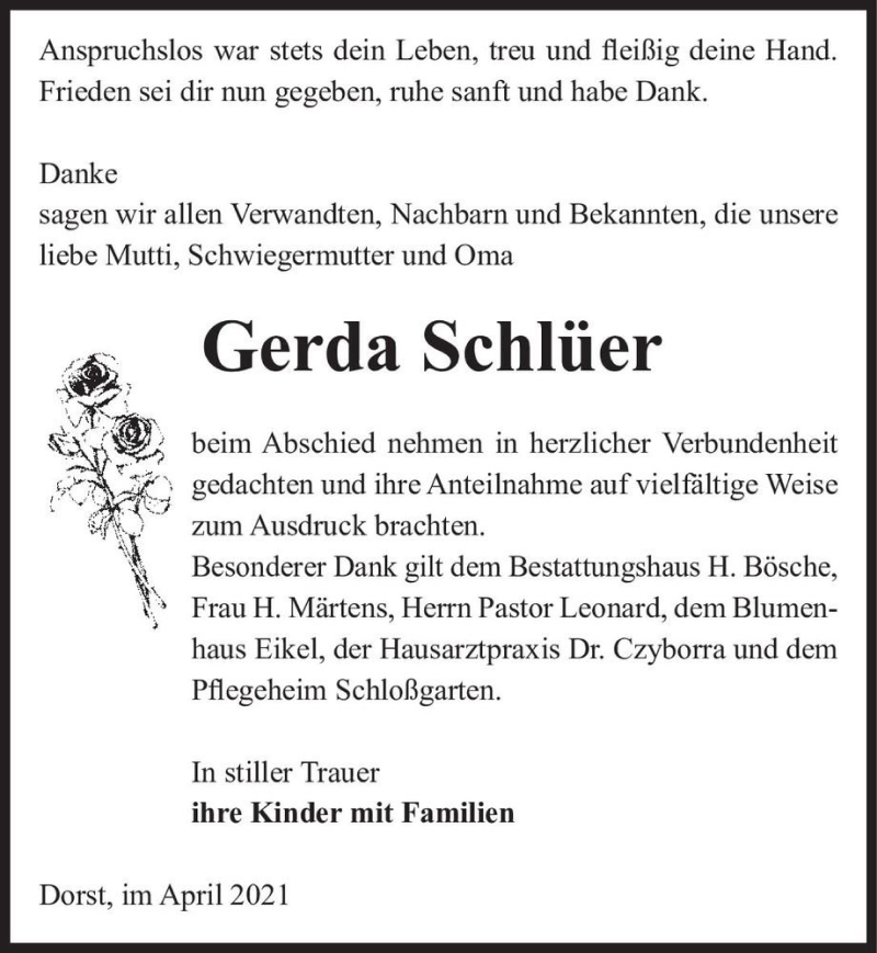  Traueranzeige für Gerda Schlüer  vom 13.04.2021 aus Magdeburger Volksstimme