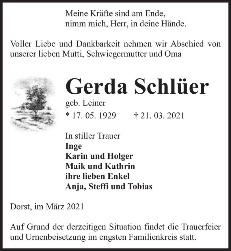  Traueranzeige für Gerda Schlüer (geb. Leiner)  vom 24.03.2021 aus Magdeburger Volksstimme