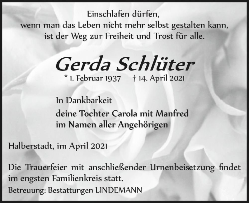  Traueranzeige für Gerda Schlüter  vom 24.04.2021 aus Magdeburger Volksstimme