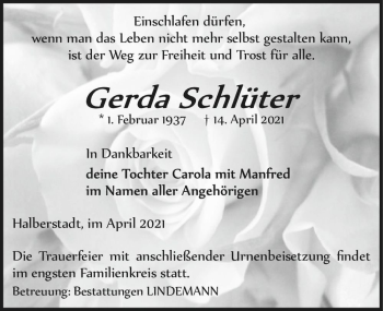 Traueranzeige von Gerda Schlüter  von Magdeburger Volksstimme