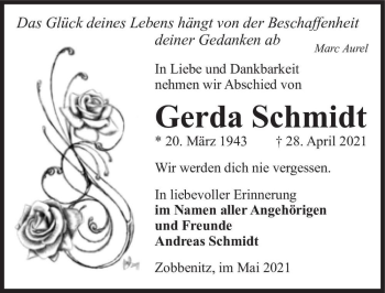 Traueranzeige von Gerda Schmidt  von Magdeburger Volksstimme