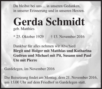 Traueranzeige von Gerda Schmidt (geb. Matthies)  von Magdeburger Volksstimme