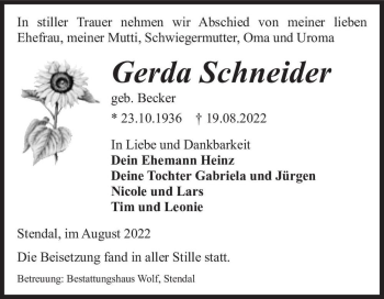 Traueranzeige von Gerda Schneider (geb. Becker)  von Magdeburger Volksstimme