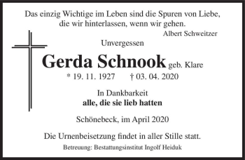 Traueranzeige von Gerda Schnook (geb. Klare)  von Magdeburger Volksstimme