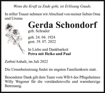 Traueranzeige von Gerda Schondorf (geb. Schrader)  von Magdeburger Volksstimme