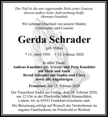 Traueranzeige von Gerda Schrader (geb. Hebes)  von Magdeburger Volksstimme