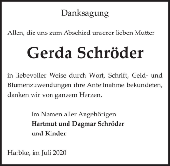 Traueranzeige von Gerda Schröder  von Magdeburger Volksstimme