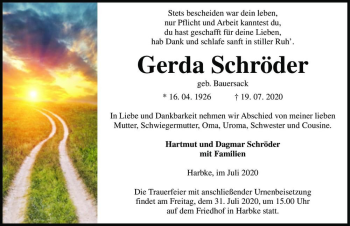 Traueranzeige von Gerda Schröder (geb. Bauersack)  von Magdeburger Volksstimme
