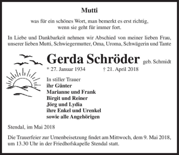 Traueranzeige von Gerda Schröder (geb. Schmidt)  von Magdeburger Volksstimme