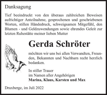 Traueranzeige von Gerda Schröter  von Magdeburger Volksstimme