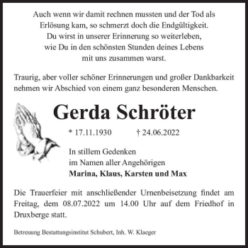 Traueranzeige von Gerda Schröter  von Magdeburger Volksstimme