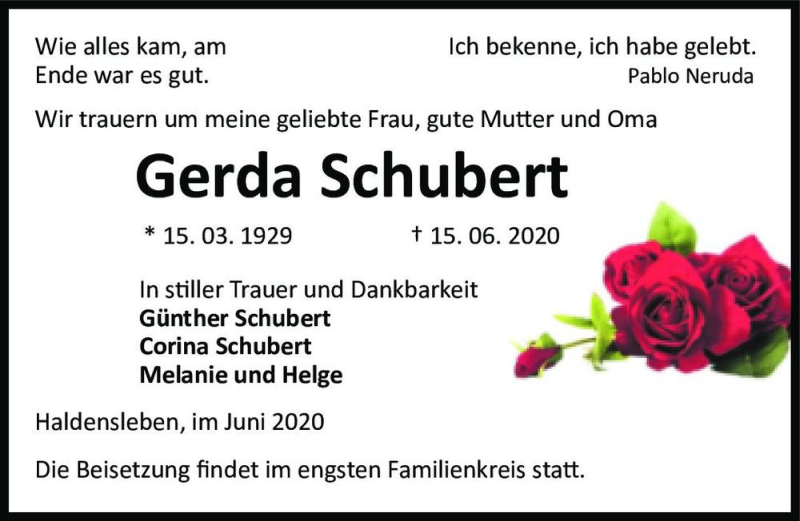  Traueranzeige für Gerda Schubert  vom 20.06.2020 aus Magdeburger Volksstimme
