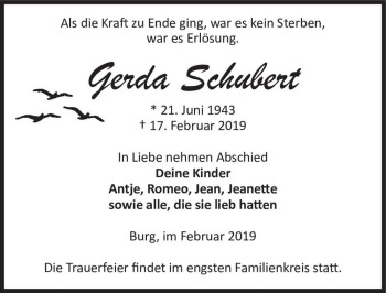 Traueranzeige von Gerda Schubert  von Magdeburger Volksstimme