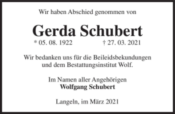 Traueranzeige von Gerda Schubert  von Magdeburger Volksstimme
